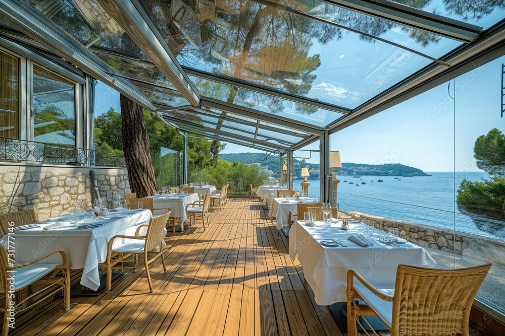 clear canopy dining area with panoramic view of the sea