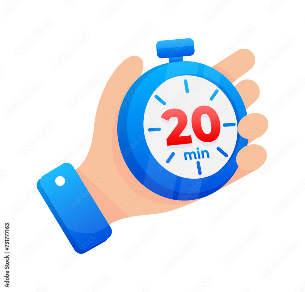 Hand firmly gripping a blue stopwatch set to 20 minutes, with a prominent red highlight on the timer Hand firmly gripping a blue stopwatch set to 20 minutes, with a prominent red highlight on the timer