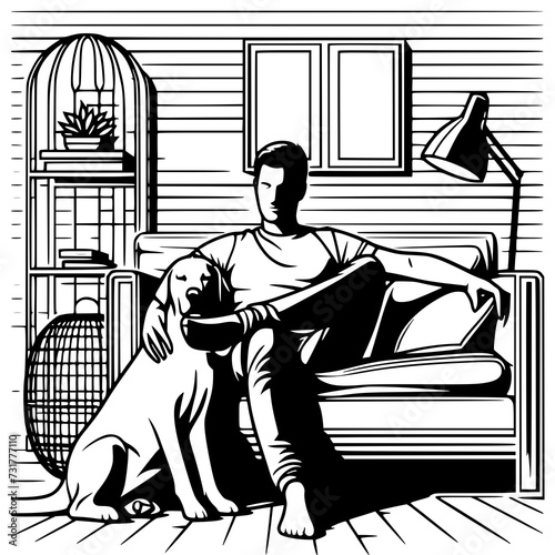 man and dog in a house vector illustration. 