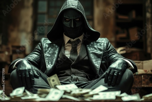The man is wearing mysterious clothing with a stack of money.
