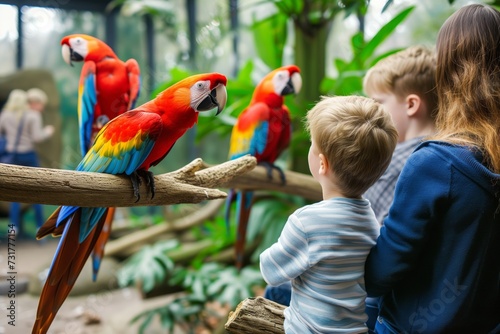 family watching parrots during a zoo educational show photo