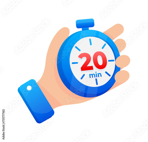Hand firmly gripping a blue stopwatch set to 20 minutes, with a prominent red highlight on the timer