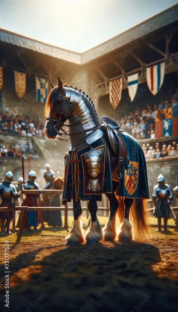 A horse in knight's barding, as if ready for a joust, standing in a medieval tournament ground.
