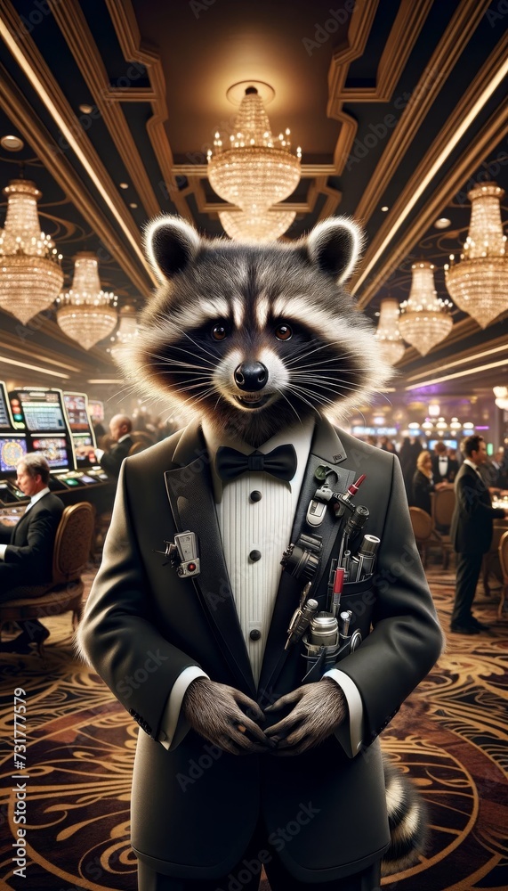 A raccoon in a spy's tuxedo, complete with gadgets, sneaking through an elegant casino. A raccoon in a spy's tuxedo, complete with gadgets, sneaking through an elegant casino.
