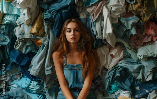 A young girl is overwhelmed with a pile of clothes. Overconsumption problem concept