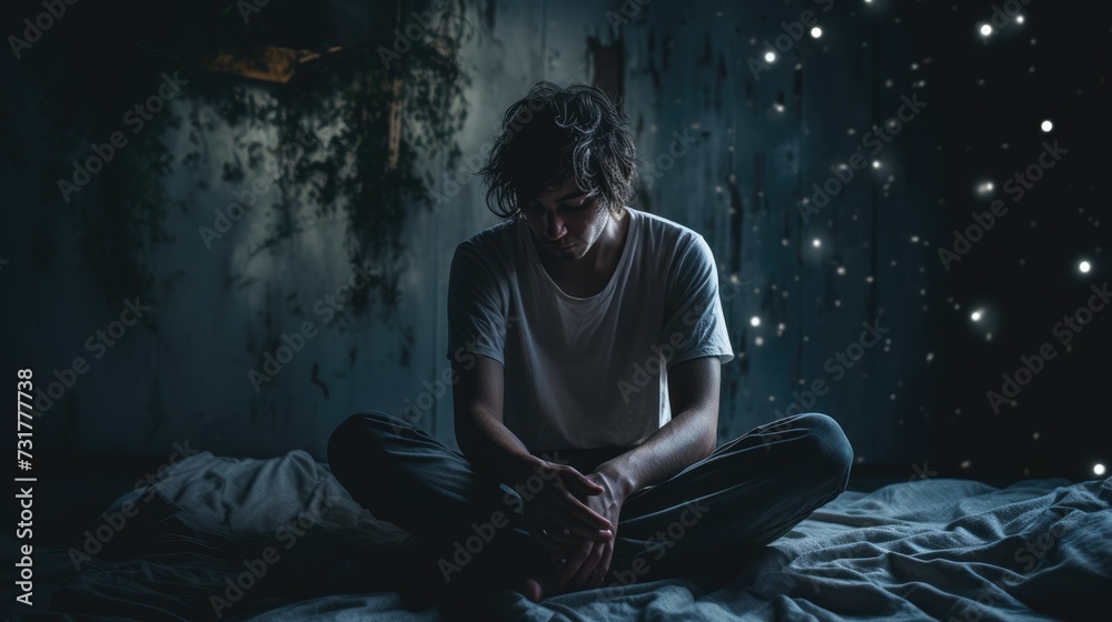 Depressed and lonely man who struggles with his thoughts on sleepless nights Depressed and lonely man who struggles with his thoughts on sleepless nights