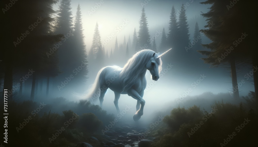 A photorealistic image of a mystical unicorn emerging from a foggy landscape, adding a sense of mystery to the scene.