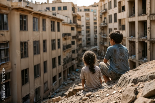 Due Bambini in Abiti Sporchi Seduti al Centro di una Città Distrutta dalla Guerra, Vista Posteriore photo