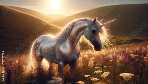 A photorealistic image of a unicorn with a sparkling, glitter-dusted mane and tail.