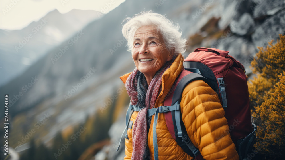 Attractive senior woman walking outdoors in nature at sunset, hiking.