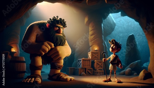 A whimsical, animated art style scene depicting the tense moment of encounter between Polyphemus, the cyclops from Greek mythology, and Odysseus. photo