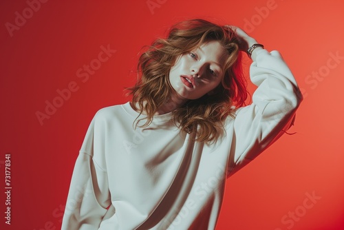 fashion model posing in designer sweatshirts for a photoshoot