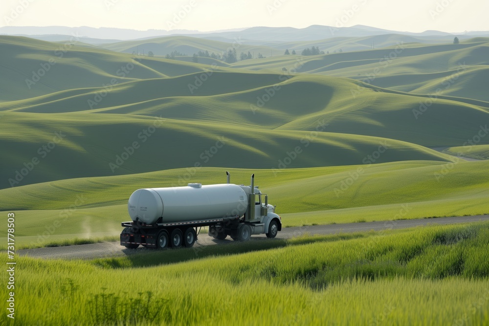 tanker truck driving past green rolling hills tanker truck driving past green rolling hills