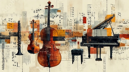 Classical musical instruments on  background with music notes. Artistic illustration. Ai generative.