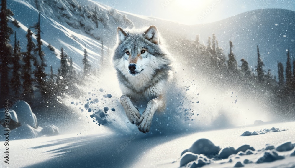 Naklejka premium A photo-realistic image of a wolf running through deep snow, capturing the motion and the power of its movement.