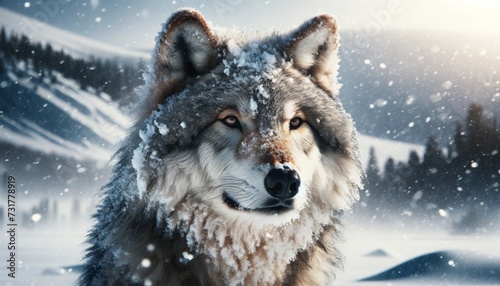 A photo-realistic image of an alpha wolf covered in snow, with a commanding gaze that reflects its status and the harshness of its environment. © FantasyLand86
