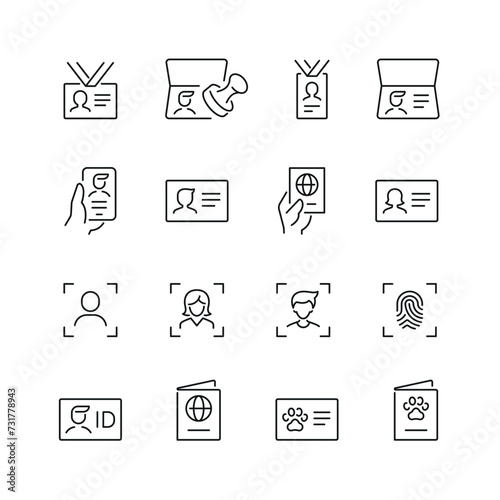 Vector line set of icons related with ID and verification. Contains monochrome icons like passport, badge, license, document, id, card and more. Simple outline sign.
