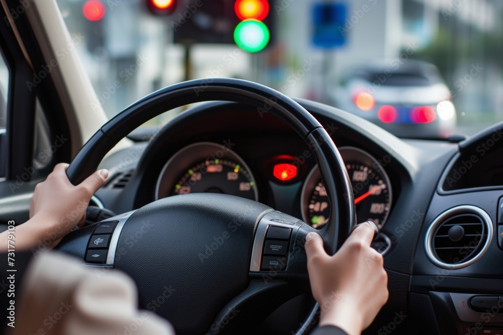 hands on a steering wheel with traffic lights changing ahead