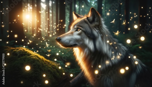 A photo-realistic image of a wolf gazing at fireflies at night, creating a magical and whimsical atmosphere.