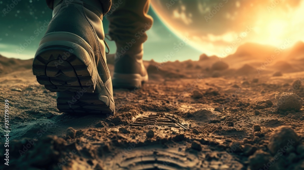 Astronaut walking on Mars - obrazy, fototapety, plakaty 