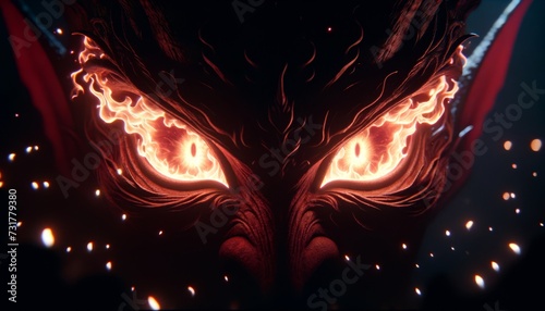 A close-up of a demon's fiery eyes in the shadows, embodying malevolence and power.