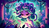 A whimsical, animated-style art of Medusa with her snake hair gently resting, in a wide 16_9 ratio.