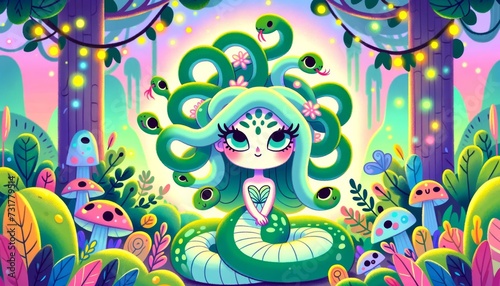 A whimsical, animated-style art of Medusa in a serene moment, focusing on a wide 16_9 ratio scene.
