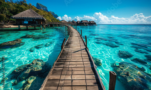 Serene tropical paradise with a wooden pier leading to overwater bungalows in a crystal-clear turquoise sea against a vibrant blue sky photo