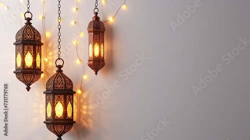 Eid mubarak with a islamic decorative frame pattern with decorative mini lamp and beauty lantern on a light ornamental background. You can put your text here. photo