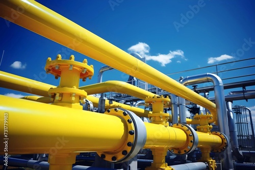 Industrial yellow pipelines and valves on blue sky background
