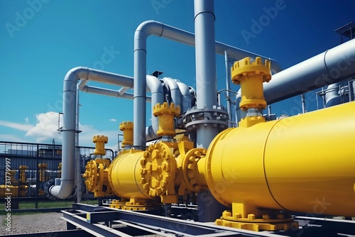 Industrial yellow pipelines and valves on blue sky background