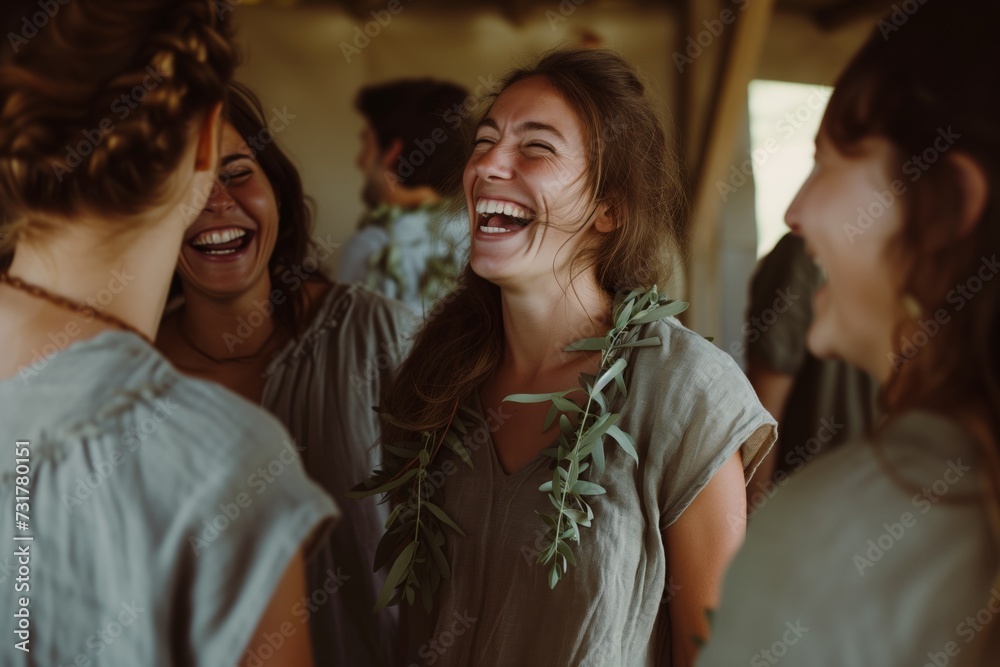 woman in a linen tunic with a garland, laughing with friends