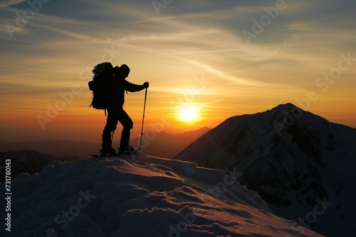 silhouette of hiker against sunset on snowy mountaintop
