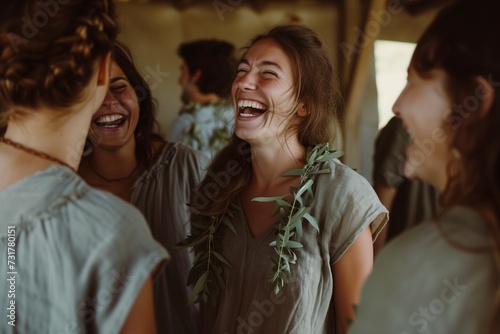 woman in a linen tunic with a garland, laughing with friends