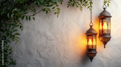 Image of lanterns hangs over white background with  leaves. Suitable for design element of Ramadan Kareem greeting template. Ramadan Kareem theme background template. You can put your text here. photo