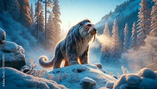 A majestic Smilodon standing atop a snowy hill, its breath visible in the cold air, with a wintry forest backdrop.