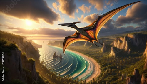 A Pterosaur soaring above a prehistoric coastline, the ancient flying reptile is highly detailed with a wide wingspan and vibrant membrane. photo