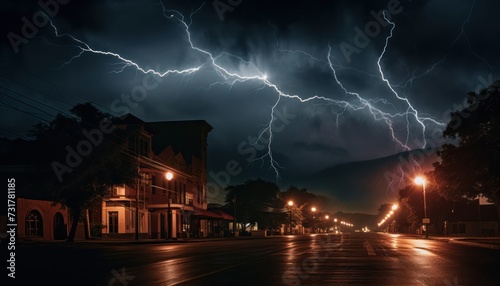 Lightning Storm Over Town at Night