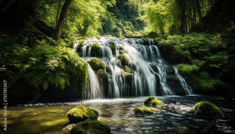 Majestic Waterfall Amidst Lush Green Forest Majestic Waterfall Amidst Lush Green Forest