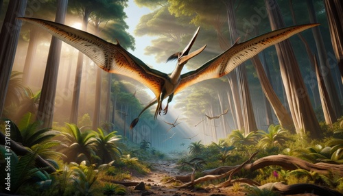 A Quetzalcoatlus landing in a Cretaceous forest clearing, the giant pterosaur is depicted with stunning detail, showcasing its enormous wingspan and d. photo