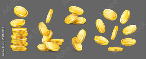 Set of Gold coins. Piles and stacks. Cash change money falling down. Business finance collection. Realistic Coins isolated on dark gray background. Vector illustration.