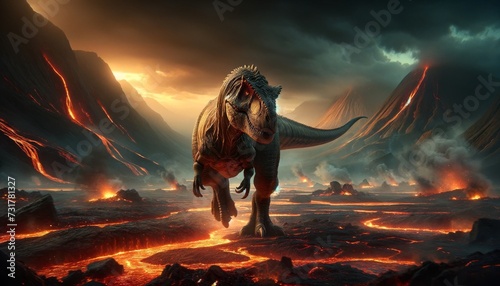 A Carnotaurus stalking through a fiery volcanic landscape, the dinosaur is depicted with incredible detail, showcasing its muscular body, short arms, .