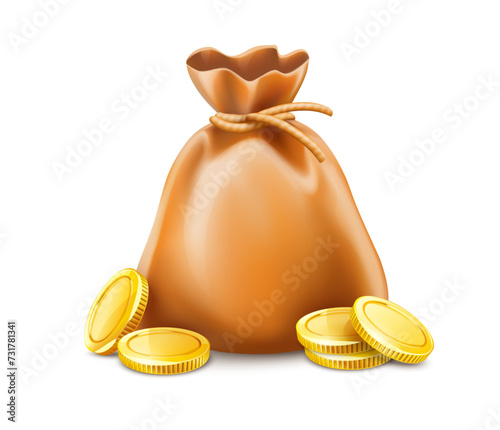 Full sack of cash money corded with rope and heaps gold coins. Banking concept financial realistic icon moneybag. Isolated on white transparent background. Vector illustration.