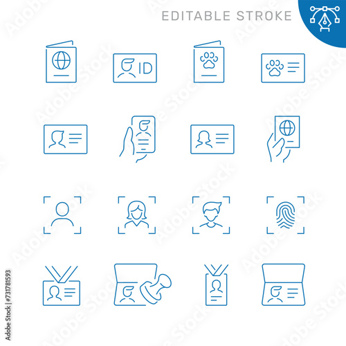 Vector line set of icons related with ID and verification. Contains monochrome icons like passport, badge, license, document, id, card and more. Simple outline sign. Editable stroke.