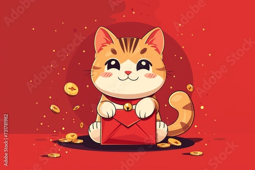 Charming chibi cat with big, sparkling eyes centered on a red lucky envelope symbolizing prosperity and good fortune in a delightful flat logo illustration
