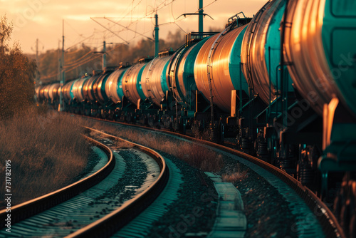 Container Freight Train. Transportation tank cars with oil during sunset.