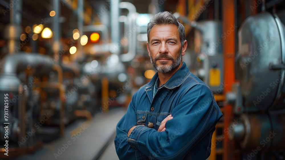 Fototapeta premium Confident Male Industrial Engineer with Arms Crossed Standing in a Manufacturing Plant. machine on background. Industrial Leadership Concept.