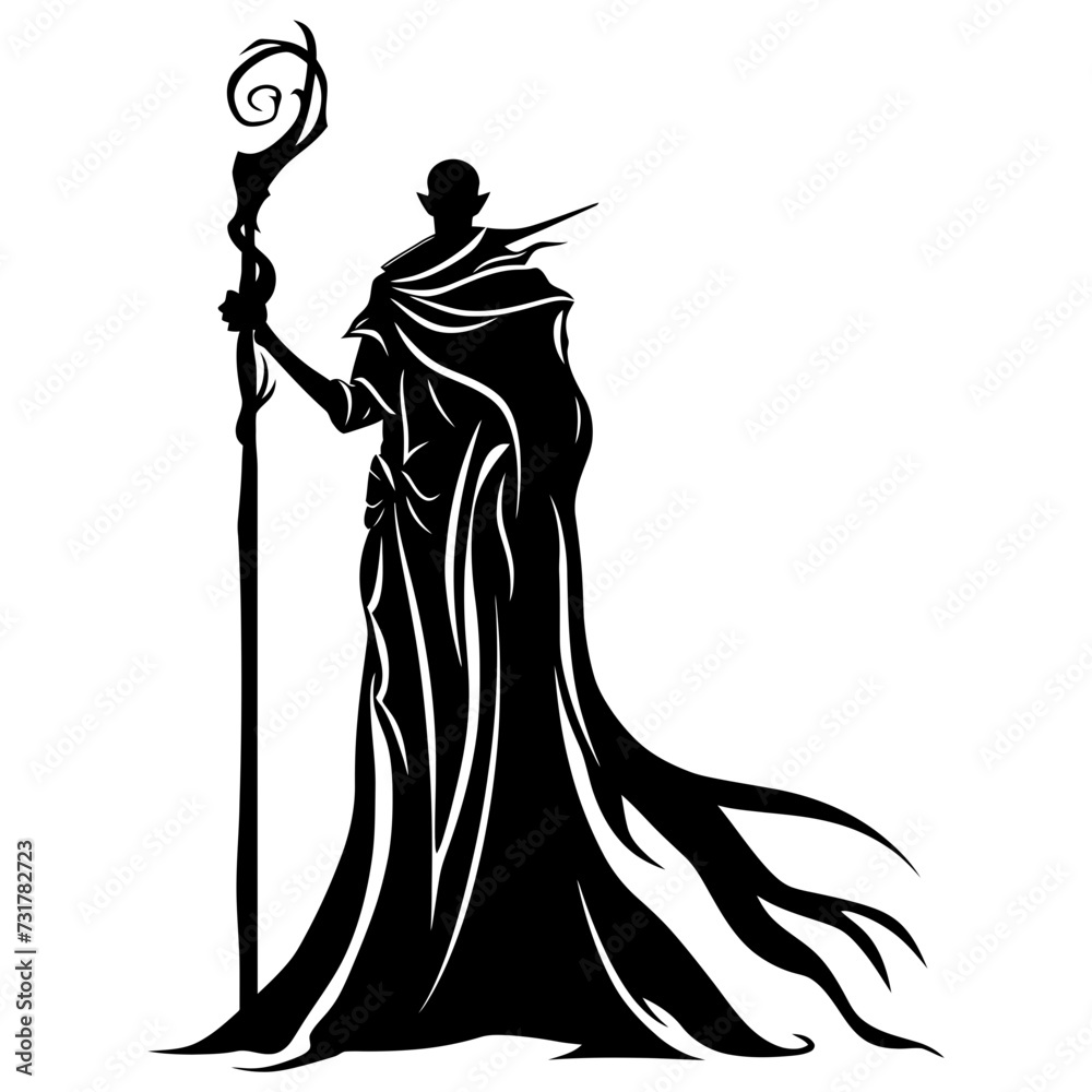 Silhouette mage with staff full body black color only Silhouette mage with staff full body black color only