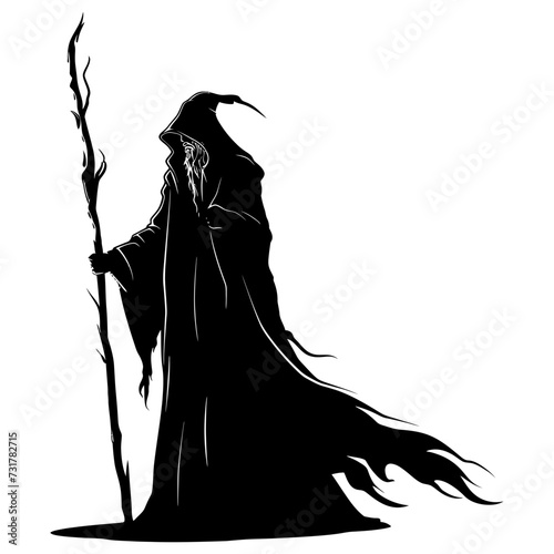 Silhouette mage with staff full body black color only