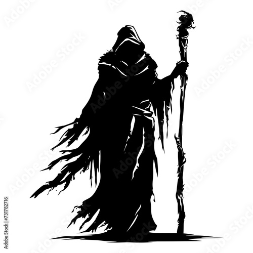 Silhouette mage with staff full body black color only
